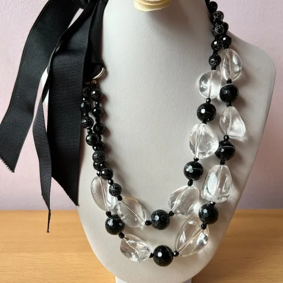 HUGE VINTAGE ROCK CRYSTAL & BANDED AGATE FACETED BEADS LONG CUSTOM MADE NECKLACE